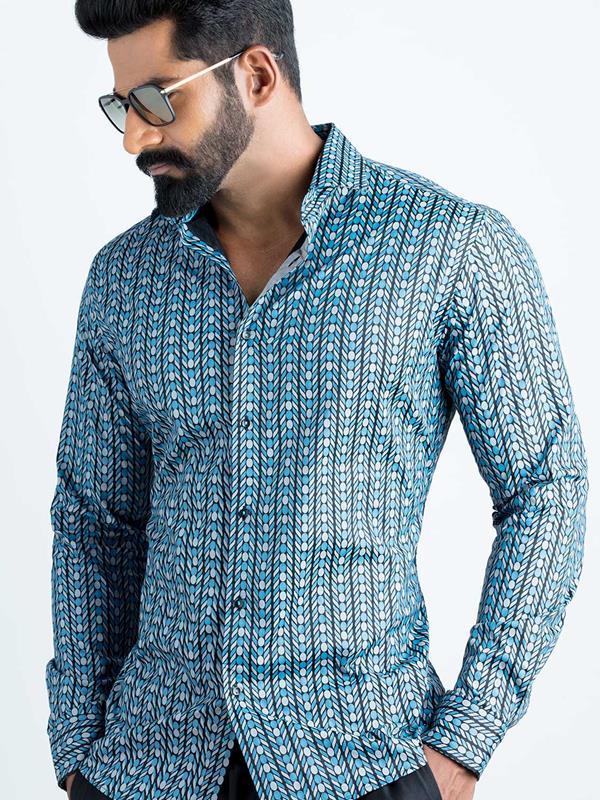Marlo Blue Printed Full Sleeve Single Cuff Slim Fit Party Wear Blended Shirt