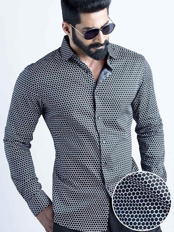 Marshmw Black Printed Full Sleeve Single Cuff Slim Fit Party Wear Blended Shirt
