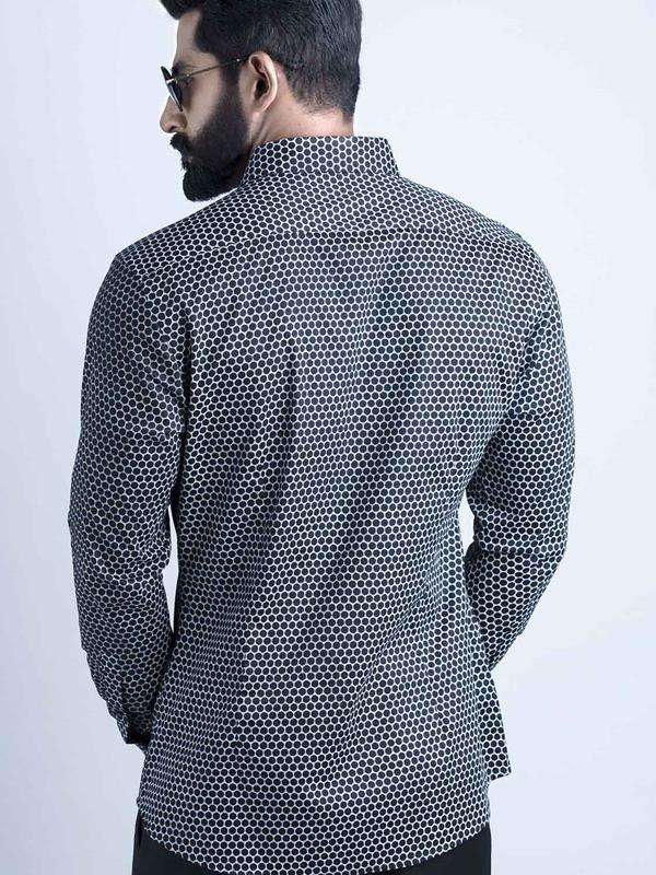 Marshmw Black Printed Full Sleeve Single Cuff Slim Fit Party Wear Blended Shirt