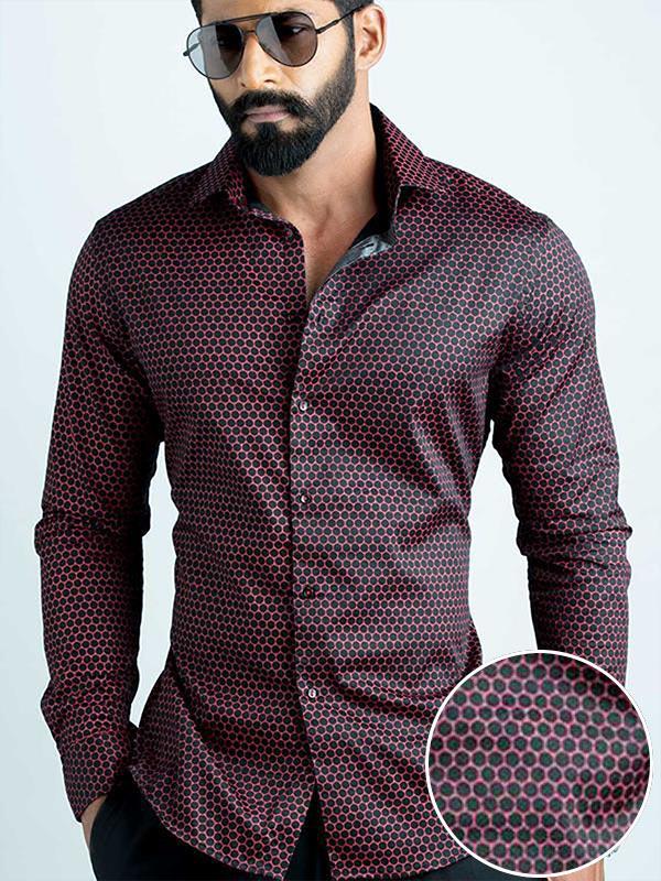 Marshmw Burgundy Printed Full Sleeve Single Cuff Slim Fit Party Wear  Blended Shirt