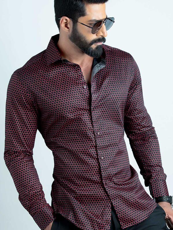 Marshmw Burgundy Printed Full Sleeve Single Cuff Slim Fit Party Wear  Blended Shirt