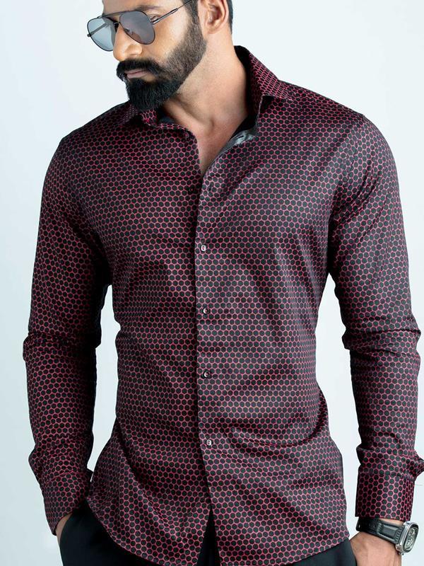 Marshmw Burgundy Printed Full Sleeve Single Cuff Slim Fit Party Wear  Blended Shirt