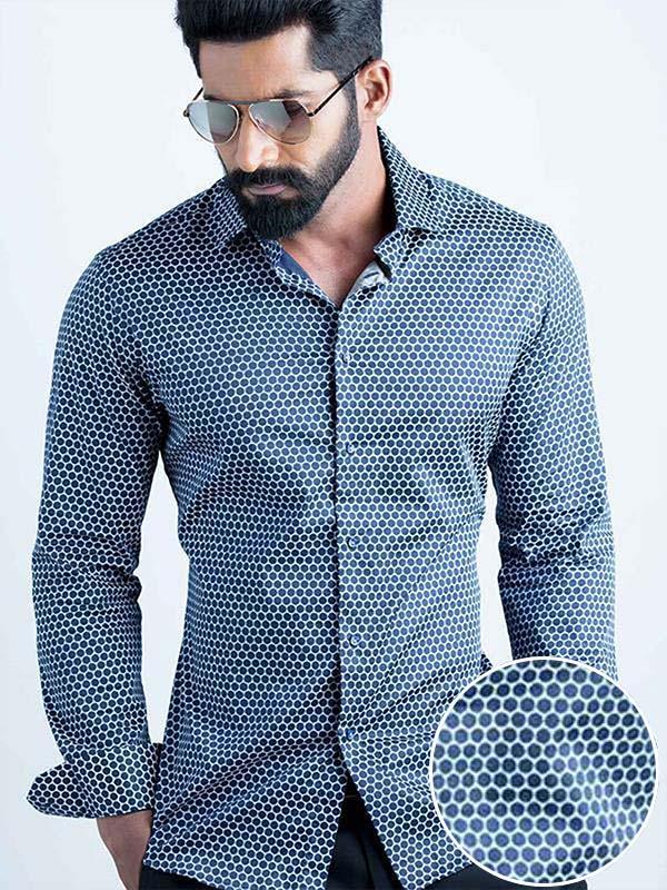 Marshmw Navy Printed Full Sleeve Single Cuff Slim Fit Party Wear Blended Shirt