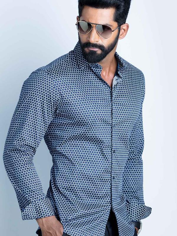 Marshmw Navy Printed Full Sleeve Single Cuff Slim Fit Party Wear Blended Shirt