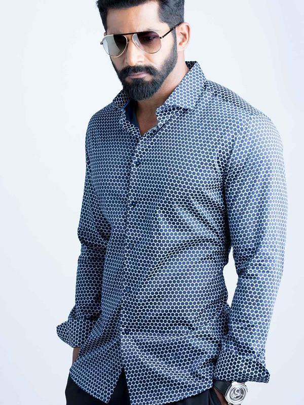 Marshmw Navy Printed Full Sleeve Single Cuff Slim Fit Party Wear Blended Shirt