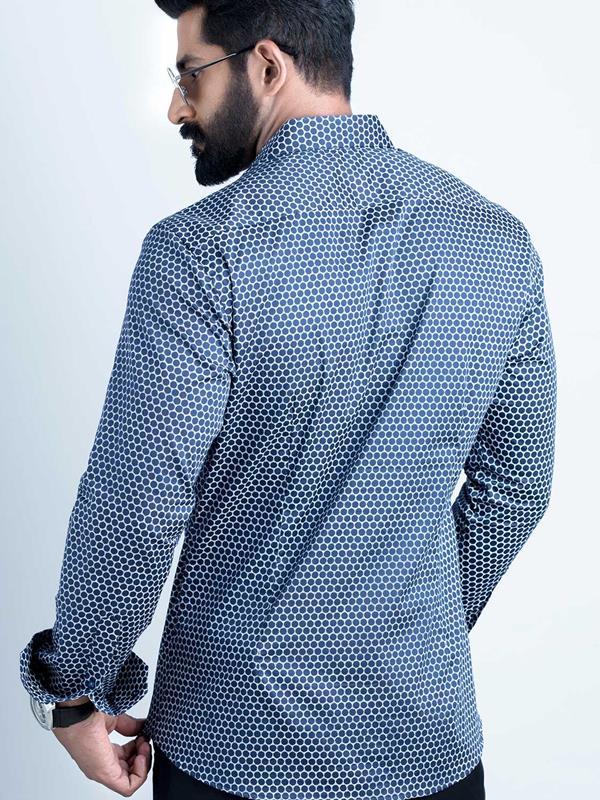 Marshmw Navy Printed Full Sleeve Single Cuff Slim Fit Party Wear Blended Shirt