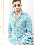 Medellin Aqua Printed Full Sleeve Single Cuff Slim Fit Party Wear Blended Shirt
