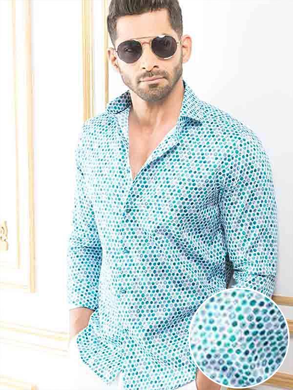 Medellin Aqua Printed Full Sleeve Single Cuff Slim Fit Party Wear Blended Shirt