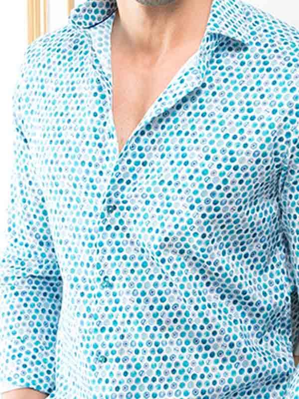 Medellin Aqua Printed Full Sleeve Single Cuff Slim Fit Party Wear Blended Shirt