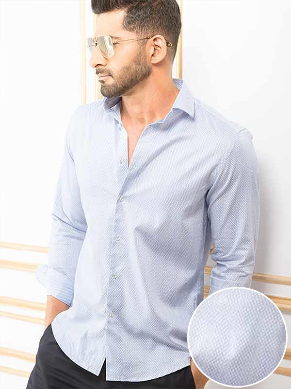 Murphy Blue Printed Full Sleeve Single Cuff Slim Fit Party Wear Blended Shirt