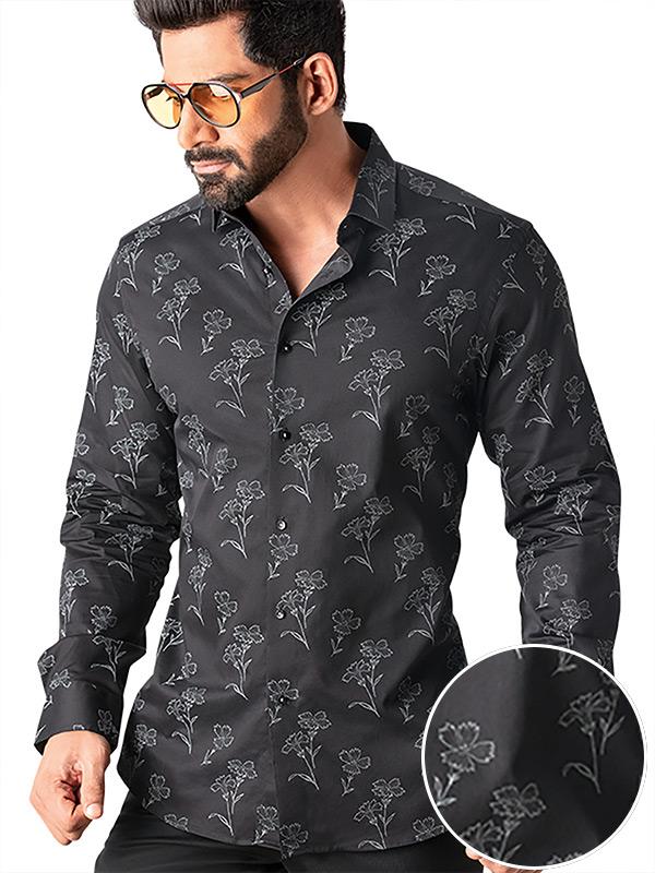 Neto Black Printed Full Sleeve Single Cuff Slim Fit Party Wear Blended Shirt