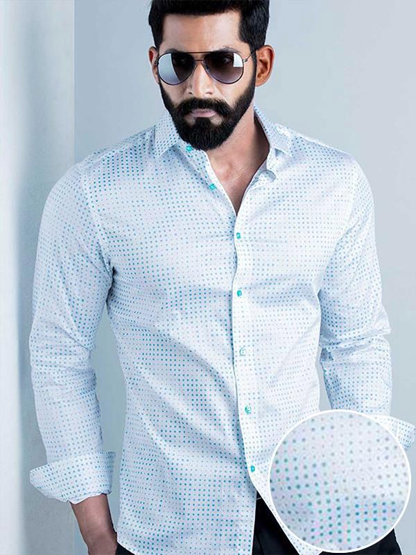 Noa Turquoise Printed Full Sleeve Single Cuff Slim Fit Party Wear Blended Shirt