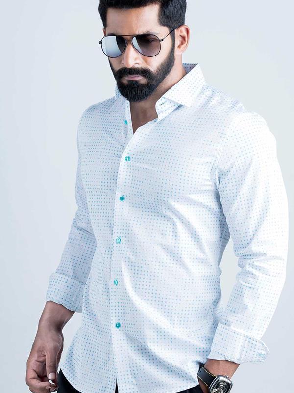 Noa Turquoise Printed Full Sleeve Single Cuff Slim Fit Party Wear Blended Shirt