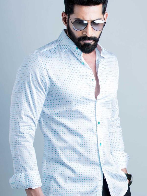Noa Turquoise Printed Full Sleeve Single Cuff Slim Fit Party Wear Blended Shirt