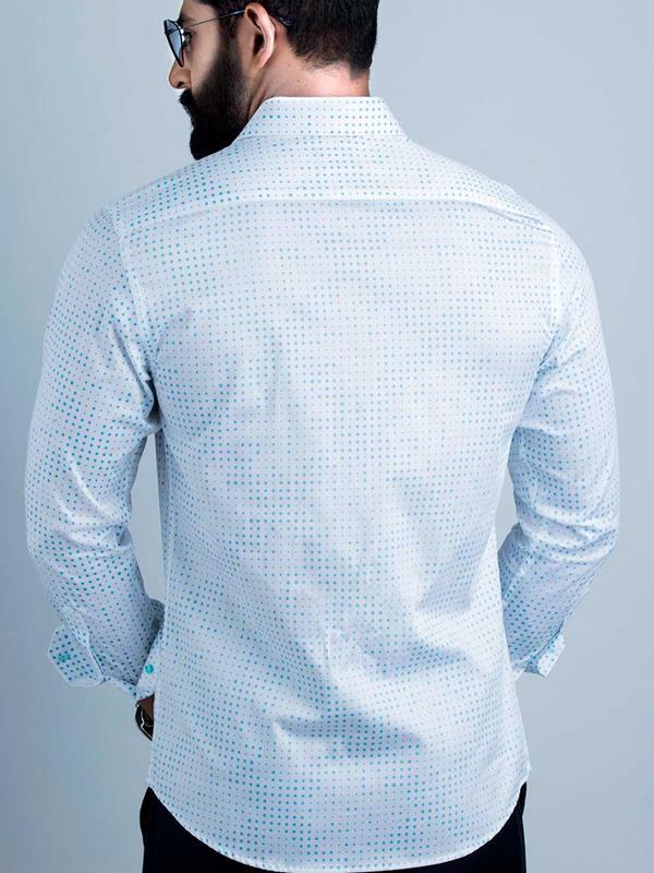 Noa Turquoise Printed Full Sleeve Single Cuff Slim Fit Party Wear Blended Shirt
