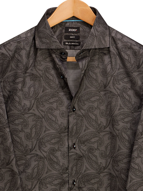 Oscar Dark Grey Printed Full Sleeve Single Cuff Slim Fit  Party Wear Cotton Shirt