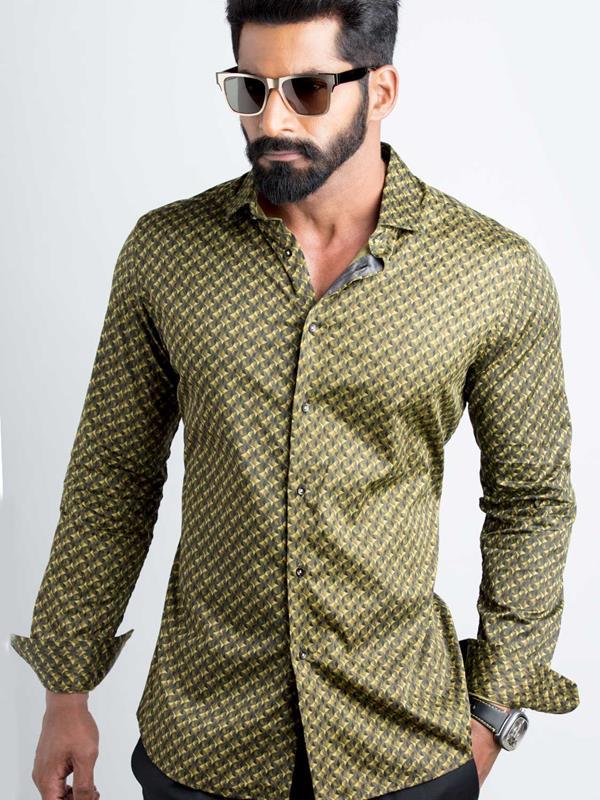 Otto Ochre Printed Full sleeve single cuff Slim Fit Blended Shirt