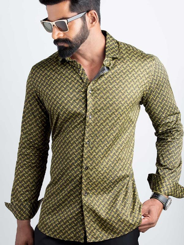 Otto Ochre Printed Full sleeve single cuff Slim Fit Blended Shirt
