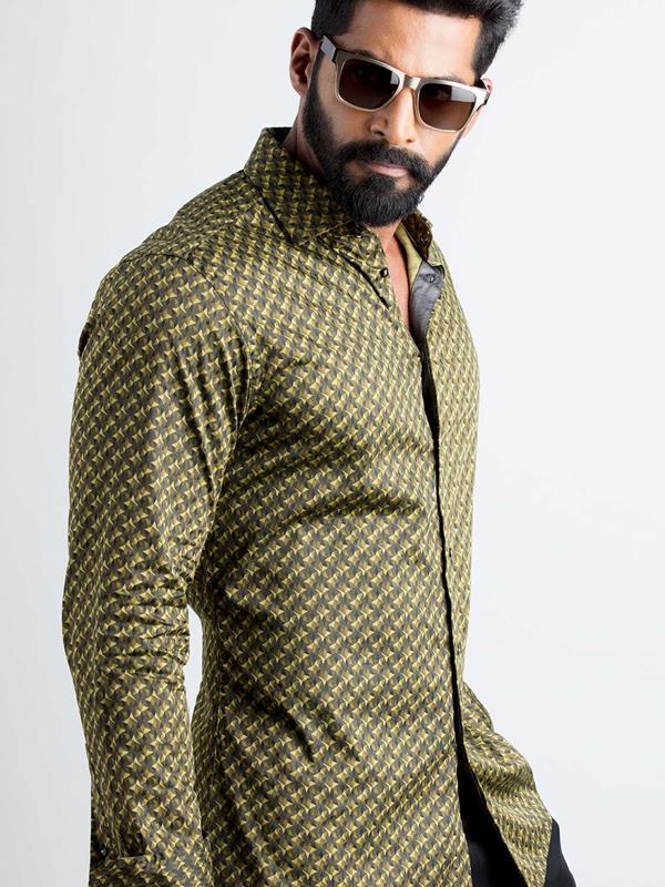 Otto Ochre Printed Full sleeve single cuff Slim Fit Blended Shirt
