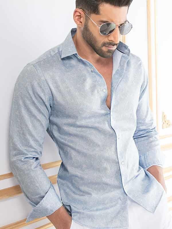 Pablo Sky Printed Full Sleeve Single Cuff Slim Fit Party Wear Blended Shirt