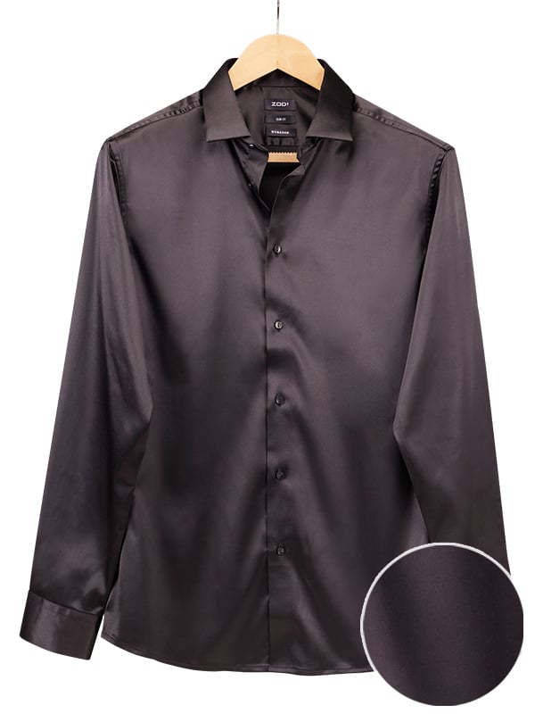 Perez Black High Gloss Satin Stretch Solid Full Sleeve Single Cuff Slim Fit Party Wear Blended Shirt