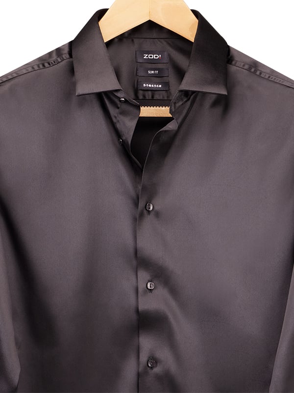 Perez Black High Gloss Satin Stretch Solid Full Sleeve Single Cuff Slim Fit Party Wear Blended Shirt