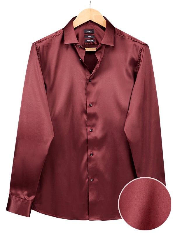 Perez Burgundy High Gloss Satin Stretch Solid Full Sleeve Single Cuff Slim Fit Party Wear Blended Shirt