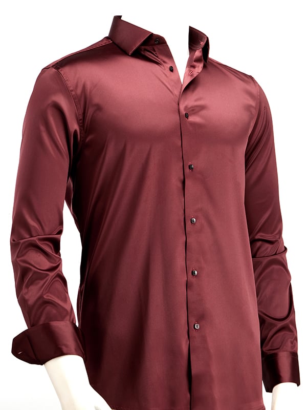 Perez Burgundy High Gloss Satin Stretch Solid Full Sleeve Single Cuff Slim Fit Party Wear Blended Shirt