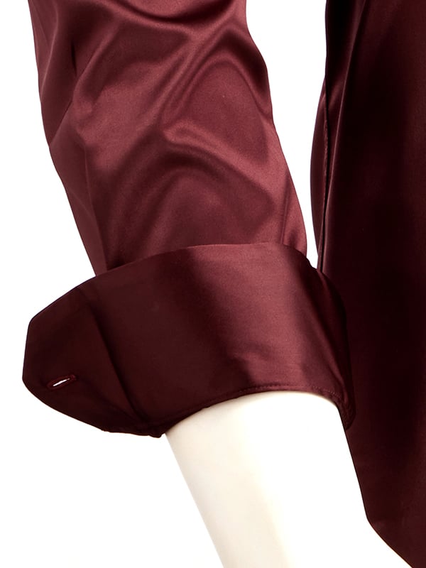 Perez Burgundy High Gloss Satin Stretch Solid Full Sleeve Single Cuff Slim Fit Party Wear Blended Shirt