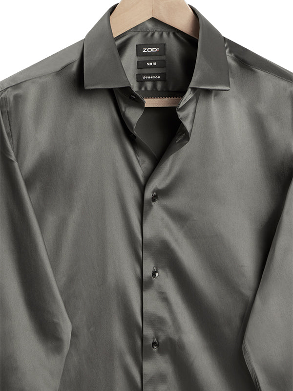 Perez Dark Grey High Gloss Satin Stretch Solid Full Sleeve Single Cuff Slim Fit Party Wear  Blended Shirt