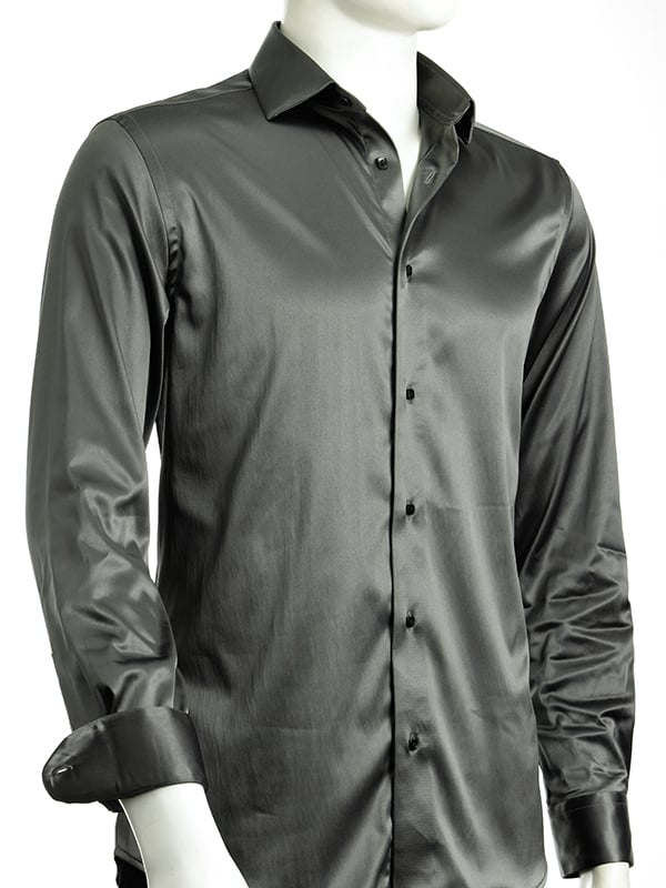 Perez Dark Grey High Gloss Satin Stretch Solid Full Sleeve Single Cuff Slim Fit Party Wear  Blended Shirt
