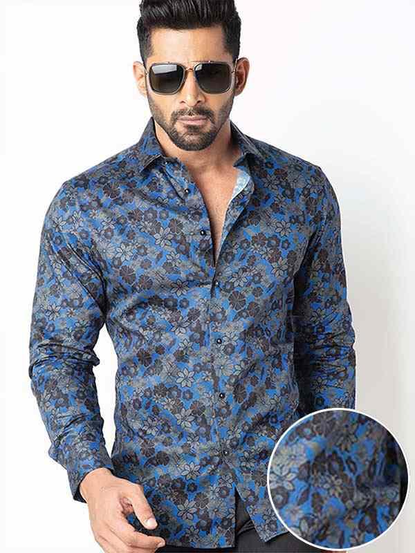 Petyr Cobalt Printed Full Sleeve Single Cuff Slim Fit Party Wear Blended Shirt