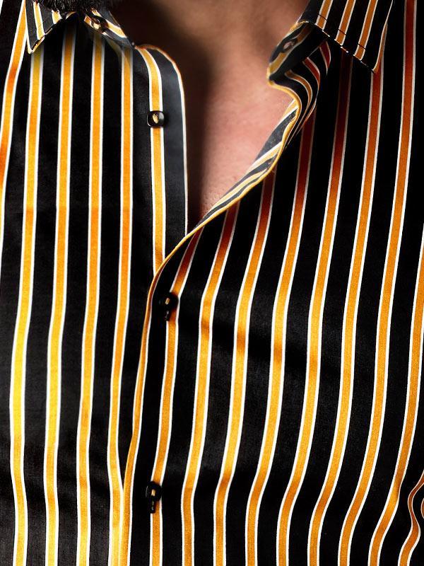 Rafa Ochre Striped Full Sleeve Single Cuff Slim Fit Party Wear Blended Shirt