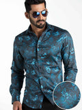Rayel Blue Printed Full Sleeve Single Cuff Slim Fit Party Wear Blended Shirt