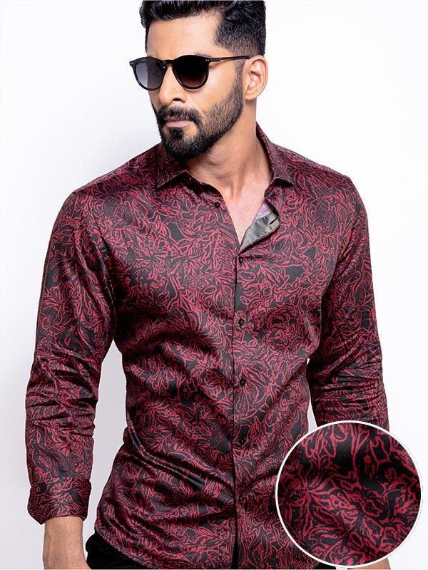 Rogers Burgundy Printed Full Sleeve Single Cuff Slim Fit Party Wear Blended Shirt
