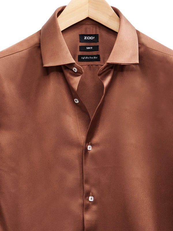 Russell Brown Satin Full Sleeve Single Cuff Slim Fit Party Wear Poly Satin Shirt