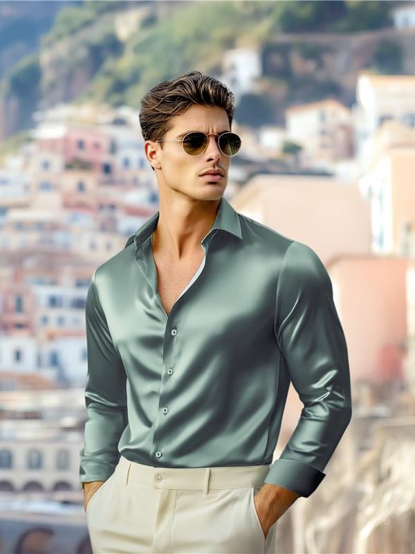 Russell Green Satin Full Sleeve Single Cuff Slim Fit Party Wear Poly Satin Shirt