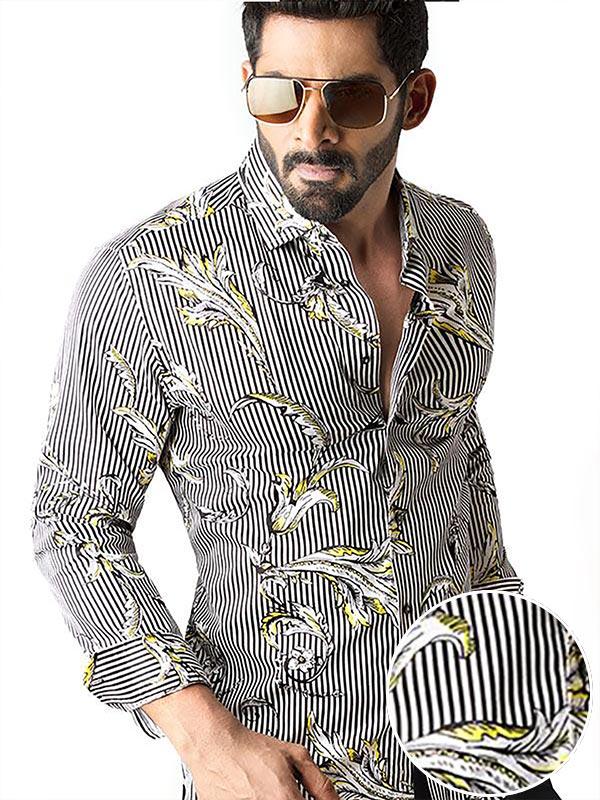 Salazar Black Printed Full Sleeve Single Cuff Slim Fit Party Wear Blended Shirt