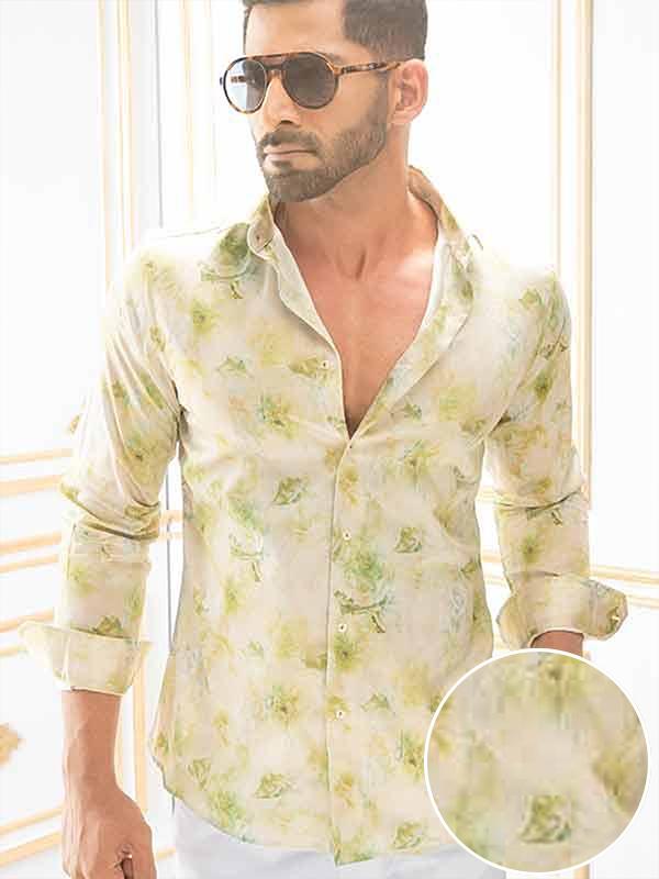 Salcedo Green Printed Full Sleeve Single Cuff Slim Fit Party Wear Blended Shirt