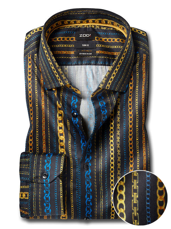 Salvatore Ochre Printed Full Sleeve Single Cuff Slim Fit Party Wear Blended Shirt
