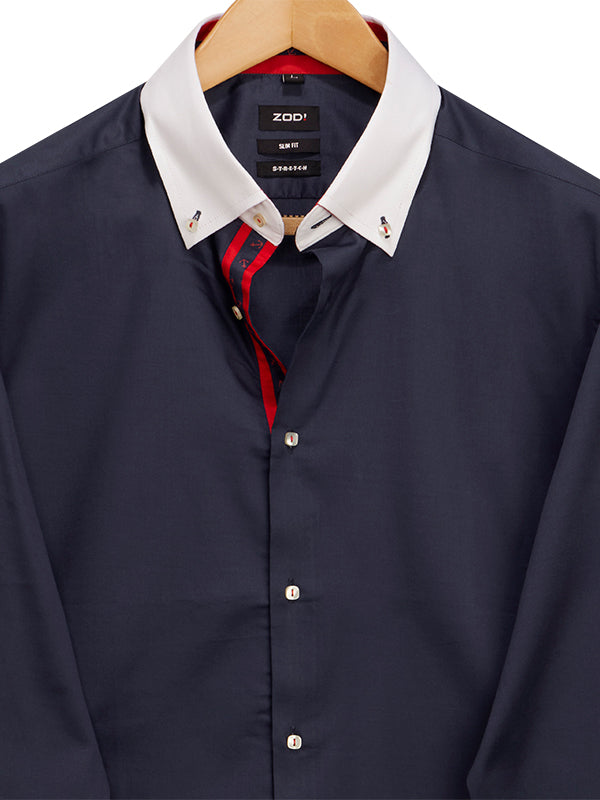 Scuba Navy Solid Full Sleeve Single Cuff Slim Fit  Party Wear Blended Shirt