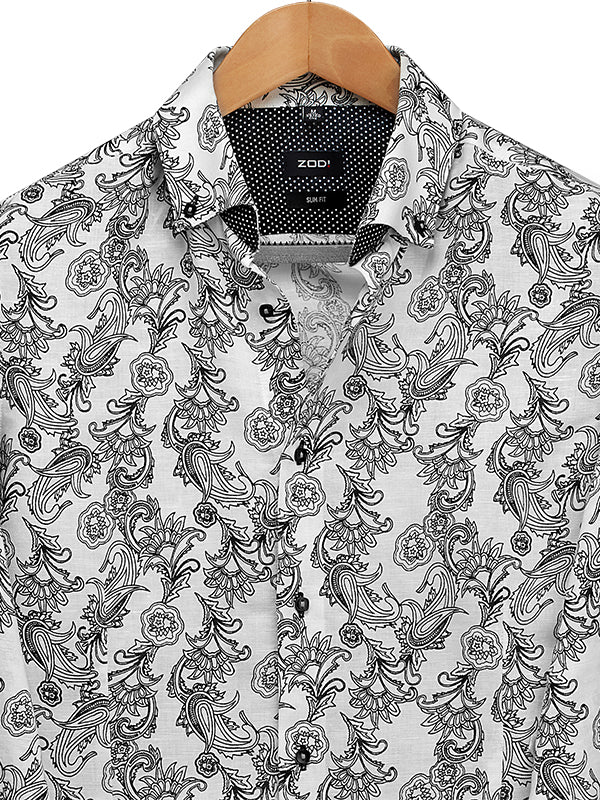 Sea Breeze Black Printed Full Sleeve Single Cuff Slim Fit Party Wear Blended Shirt