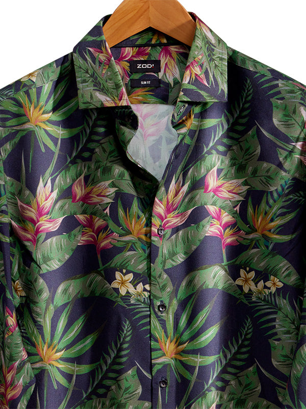 Silvano Black Printed Full Sleeve Single Cuff Slim Fit Party Wear Viscose Shirt