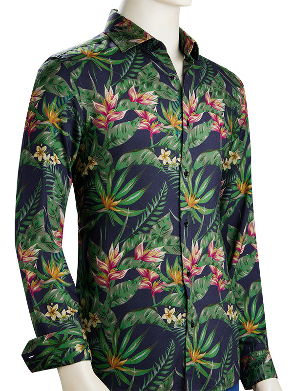 Silvano Black Printed Full Sleeve Single Cuff Slim Fit Party Wear Viscose Shirt