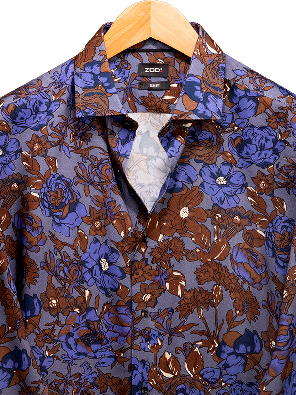 Silvano Blue Printed Full Sleeve Single Cuff Slim Fit Party Wear Viscose Shirt