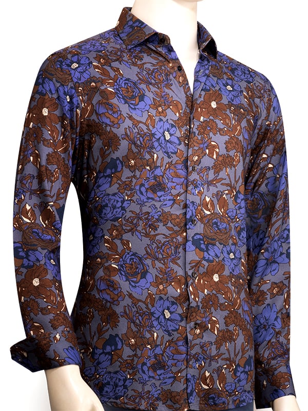 Silvano Blue Printed Full Sleeve Single Cuff Slim Fit Party Wear Viscose Shirt