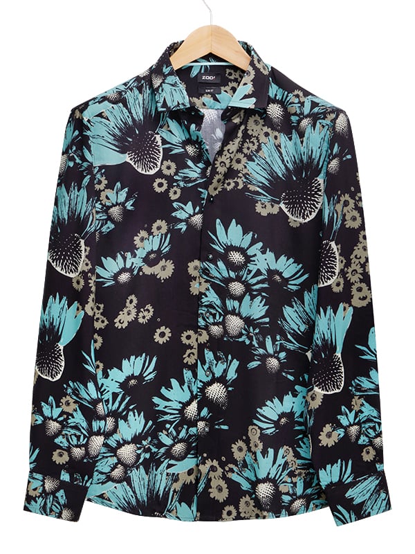 Silvano Black Printed Full Sleeve Single Cuff Slim Fit Party Wear Viscose Shirt