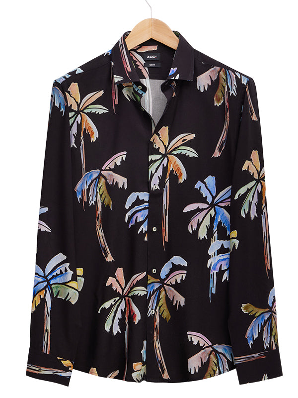 Silvano Black Printed Full Sleeve Single Cuff Slim Fit Party Wear Viscose Shirt