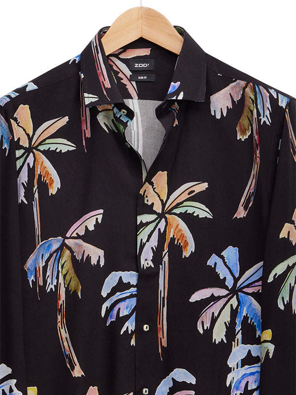 Silvano Black Printed Full Sleeve Single Cuff Slim Fit Party Wear Viscose Shirt