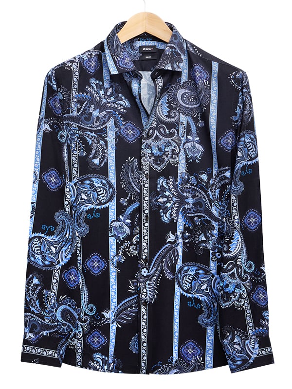 Silvano Blue Printed Full Sleeve Single Cuff Slim Fit Party Wear Viscose Shirt